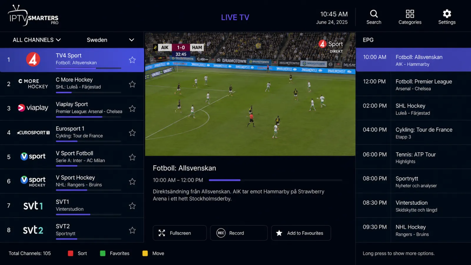 IPTV Smarters Pro live-TV-vy med nordiska TV-kanaler