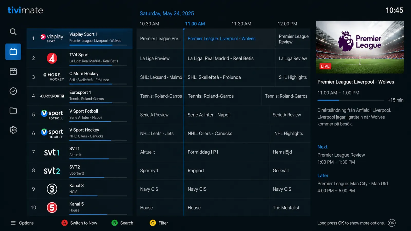 TiviMate kanallista och EPG på Android TV