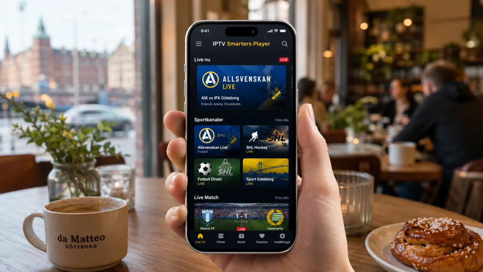 iPhone med IPTV Smarters Player som streamar nordiska TV-kanaler